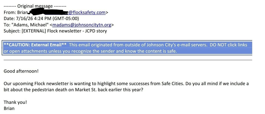 July 16, 2026, 4:24 PM email from Flock to Deputy Chief Mike Adams asking to include the pedestrian death on Market St. in Flock's newsletter.