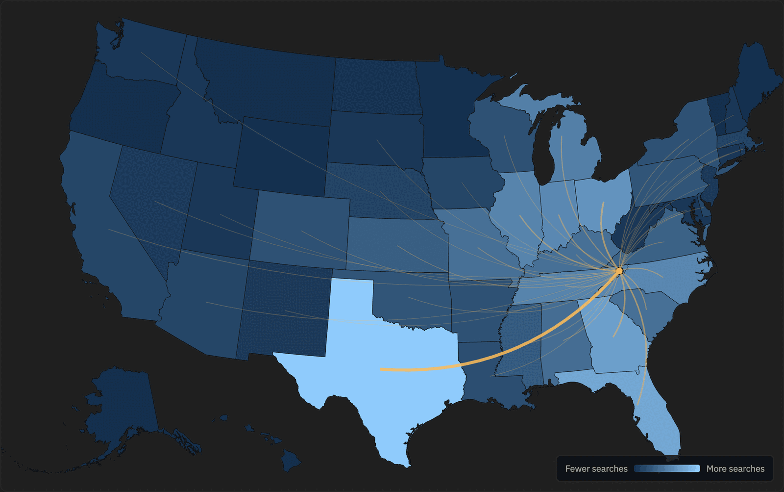 Map of the United States with lines from 46 states converging on Johnson City, Tennessee, showing where searches of the city's camera network came from.